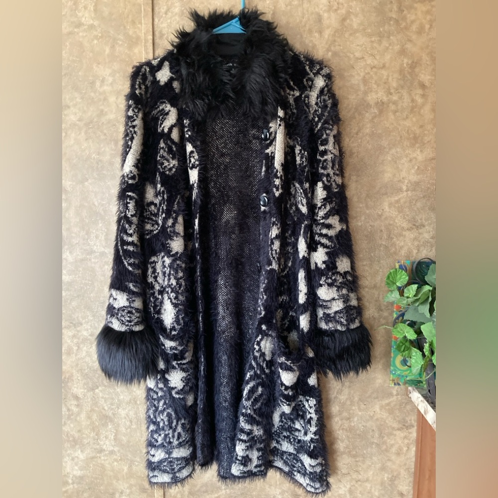 Black Rivet Faux Fur Collar Duster Cardigan Sweater Size Small Jacket Black Med